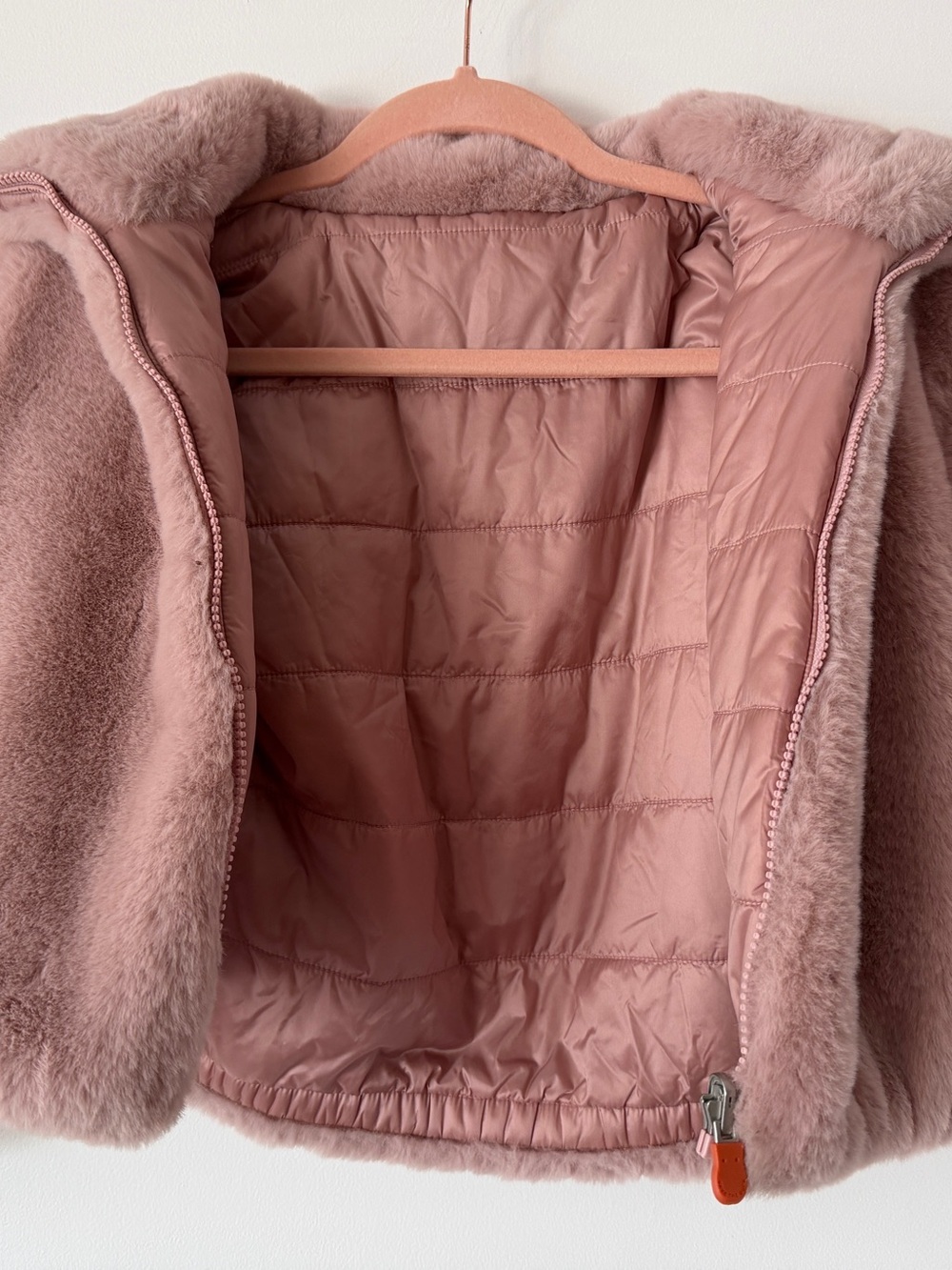 SAVE THE DUCK Kids Plush Hooded Puffer in Dusty Rose